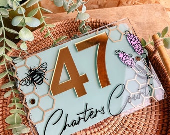 Hand Painted House Door Sign |BUMBLE BEE Flower Garden Print | Personalised Scripted House Sign | Acrylic House Sign | Mirror Numbers