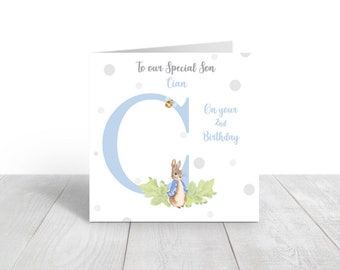 Peter rabbit blue themed card birthday card christening Easter naming day birth greeting card new baby