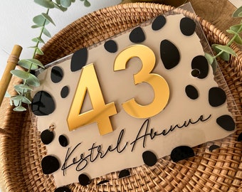 Hand Painted House Door Sign | Dalmatian Print | Personalised Scripted House Sign | Acrylic House Sign | Mirror Numbers