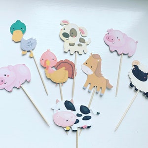 Adornos para cupcakes con diseño de tractor y granero de animales de granja. Tema de granja. Fiesta de cumpleaños. Primer cumpleaños. Adornos para tartas. Decoraciones para fiestas.