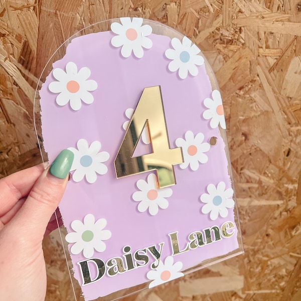 Hand Painted daisy power Arch House Door Sign | Personalised Scripted House Sign | Acrylic House Sign | Flat Vinyl Numbers