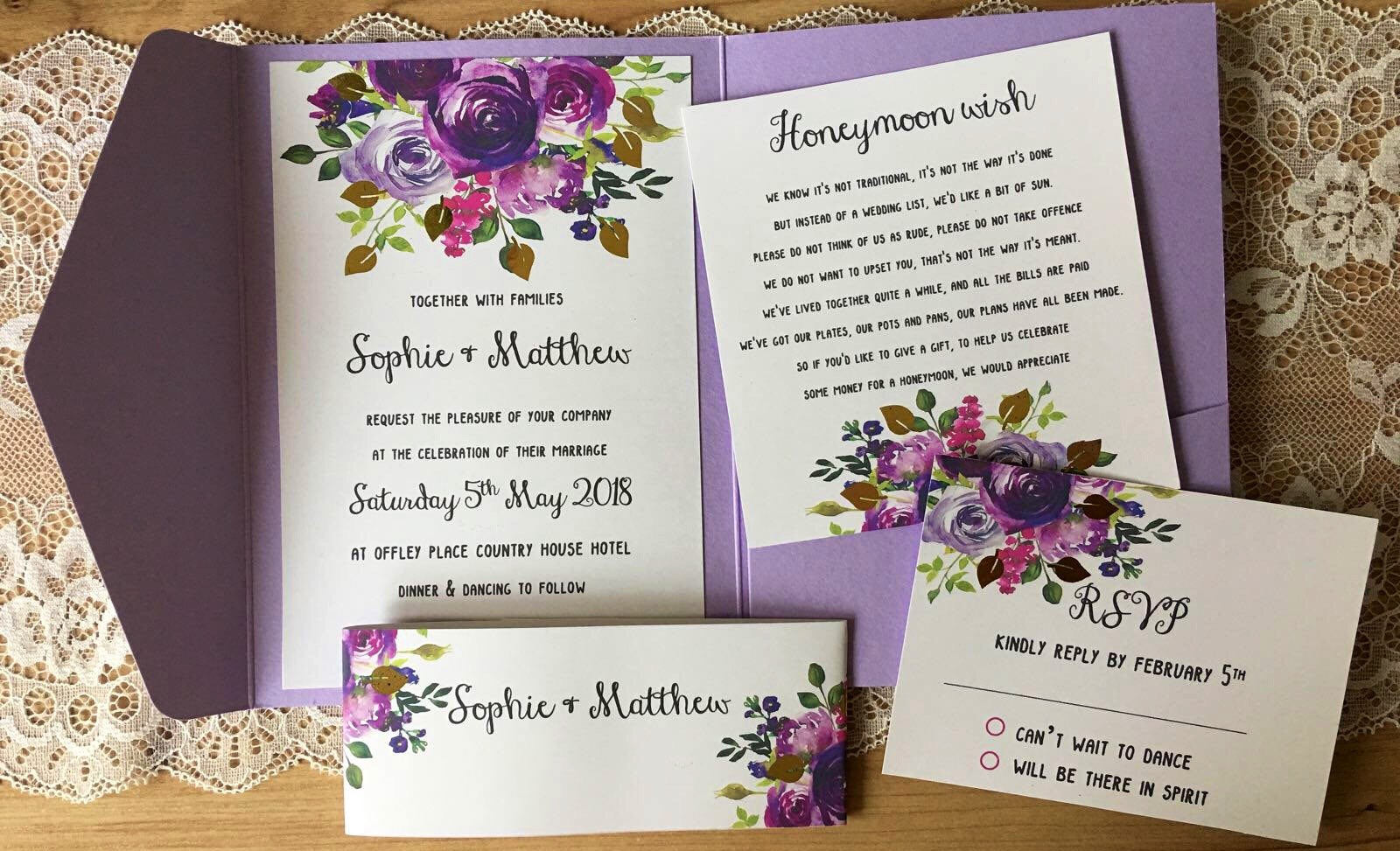 Floral Purple Pocket Fold Wedding Invitation Honeymoon Wish Etsy