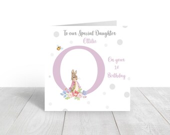 Carte d'anniversaire personnalisée Peter Rabbit, carte de baptême florale pour fille