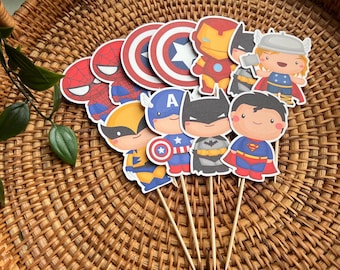 Superhero Cupcake Toppers, Birthday Cake Decorations (12 Pack)