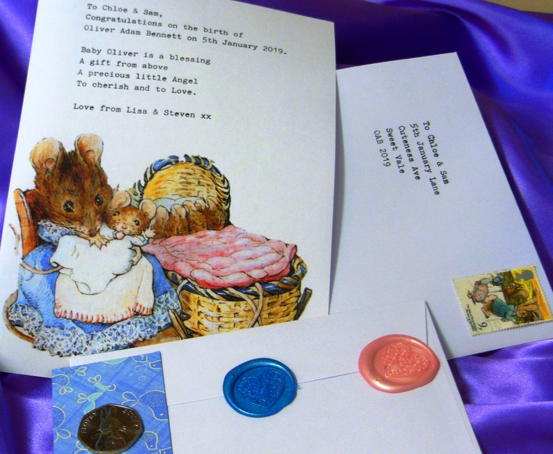 Beatrix Potter coin with Personalised typed letter. New Baby Gift