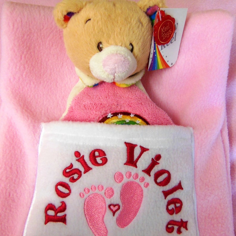 PERSONALISED BABY PRAM BLANKET with EMBROIDERED TEDDY BEAR AND YOUR BABY/'S NAME