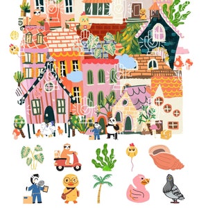 May include: A colourful illustration of a whimsical town with houses, trees, and animals. There are birds, a panda, a sloth, a duck, and a chicken. The houses are all different shapes and sizes and have unique details. The illustration is perfect for a children's book or a nursery.