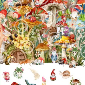 May include: A whimsical illustration featuring a vibrant forest scene with colorful mushrooms, gnomes, butterflies, ladybugs, and other woodland creatures. The artwork has a watercolor style with a fantasy theme.