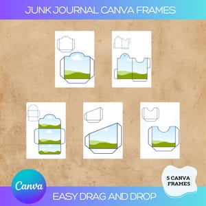 Op de afbeelding: Vijf afdrukbare Canva-frames met een landschapsscène met een blauwe lucht, witte wolken en groene heuvels. De frames zijn ontworpen voor junk journaling en zijn gemakkelijk te slepen en neer te zetten.
