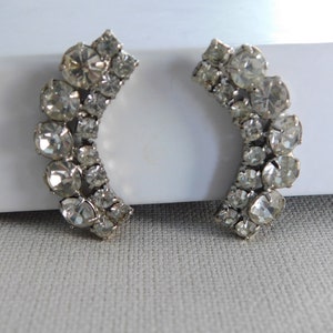 Silver Clear Rhinestone Ear Climber Clip On Earrings Crescent Shape