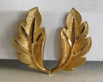 Brushed Gold BSK Tall Leaf Clip On Earrings Signed