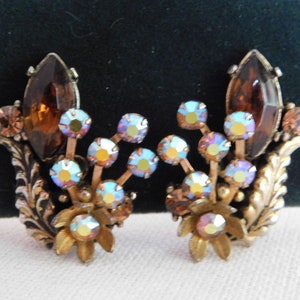 Two Tone Brown Rhinestone Leaf Flower AB Aurora Borealis Ear Climber Clip On Earrings