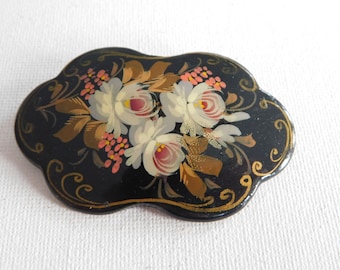 Black Gold Multi Color Flowers Floral Hand Painted Brooch