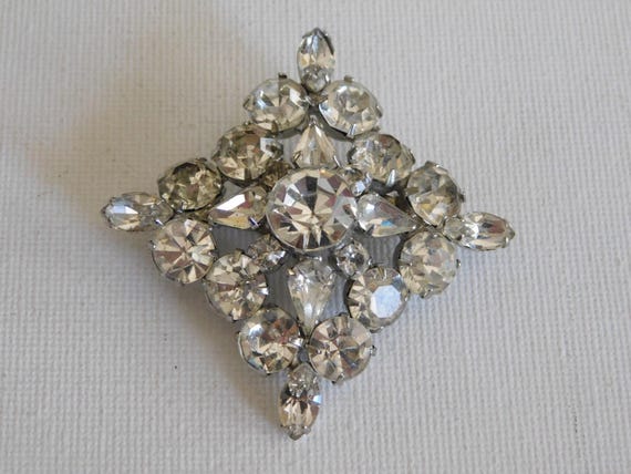 Silver Diamond Shape Clear Rhinestone  Brooch Pin - image 1