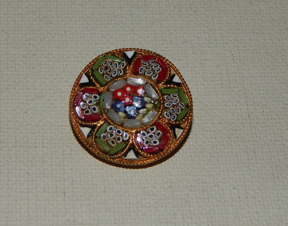 Micromosaic Brooch Gold Tone Red Green Flowers Ro… - image 3