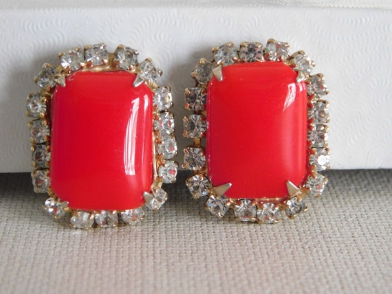 Rounded Rectangle Red Clear Rhinestone Clip On Ea… - image 1