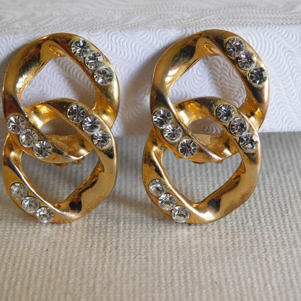 Tall Gold Double Loop Clear Rhinestone Ear Climber Clip On Earrings