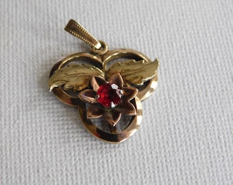 Vintage Iskin 1/20 10K Gold Filled Leaf Red Rhinestone Pendant