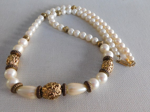 Gold Filigree Open Work White Faux Pearl 1928 Nec… - image 4