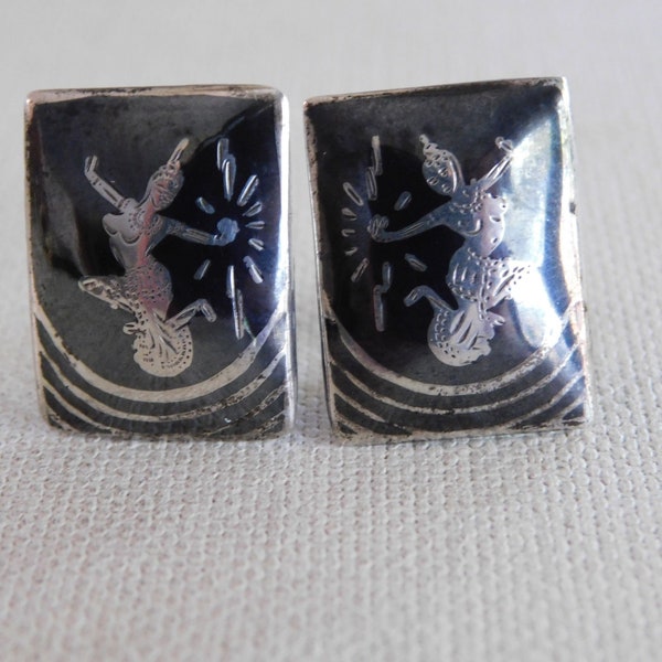 Vintage Siam Sterling Goddess Thai Dancer Black and Silver Rectangle Clip On Earrings