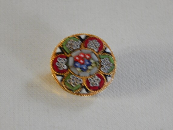 Micromosaic Brooch Gold Tone Red Green Flowers Ro… - image 2
