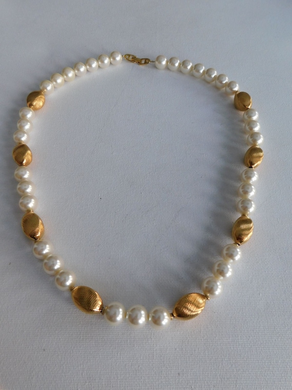 Napier White and Gold Bead Long Necklace Signed - image 1