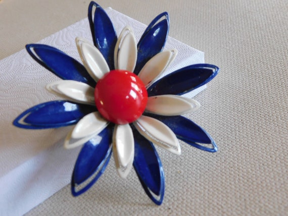 Red White Blue Enamel Layered Flower Brooch - image 4