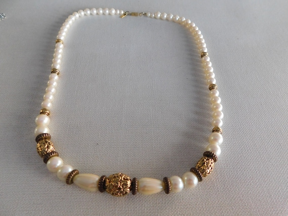 Gold Filigree Open Work White Faux Pearl 1928 Nec… - image 1