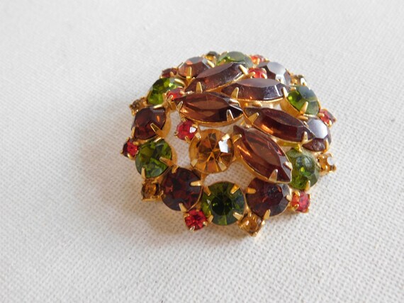Rhinestone Dome Brooch Brown Green Red Yellow Rou… - image 2