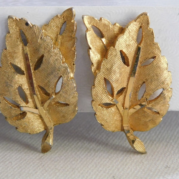 Brushed Gold BSK Tall Layered Double Leaf Clip On Earrings Signed