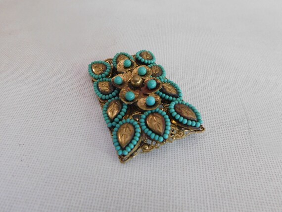 Gold Open Work Blue Bead Rectangle Leaf Brooch Pin - image 4