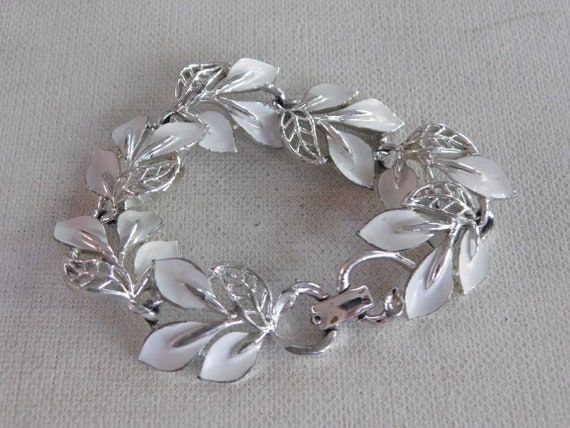 Vintage  Silver White Enamel Leaf  Leaves Bracelet - image 1