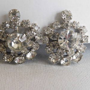 Large Silver Clear Rhinestone Round Tall Statement Clip On Earrings