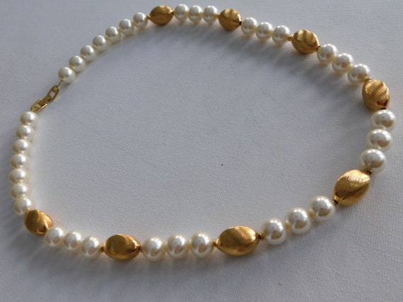 Napier White and Gold Bead Long Necklace Signed - image 3