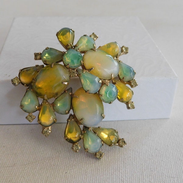 Vintage Gold Green Opalescent Yellow Rhinestone Brooch Pin Signed Kramer of New York