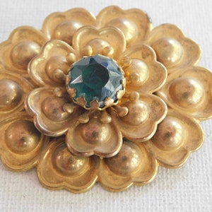 Gold Green Rhinestone Layered Flower Brooch Pin