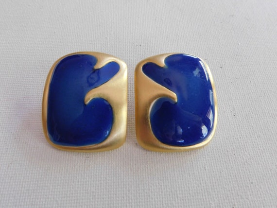 Matte Gold Dark Blue Enamel Large Rounded Rectang… - image 2