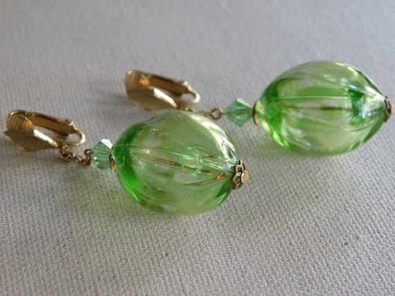 Green Dangle Drop Plastic Oval Translucent Clip O… - image 1