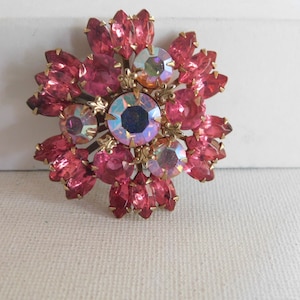Pink AB Rhinestone Aurora Borealis Flower Brooch Pin
