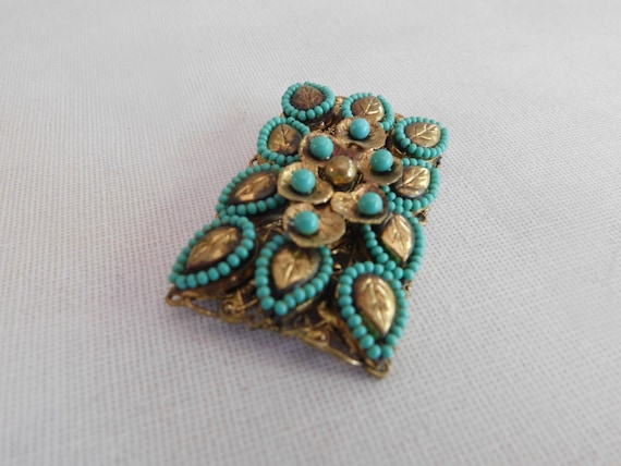 Gold Open Work Blue Bead Rectangle Leaf Brooch Pin - image 3