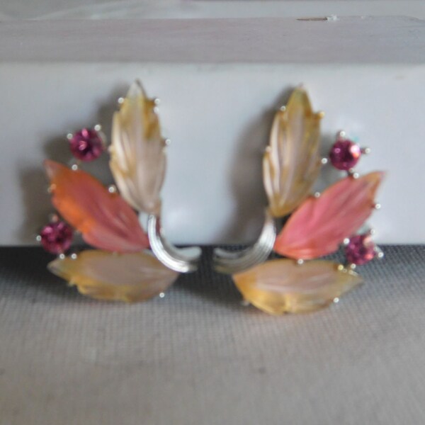 Silver Pink Rhinestone Leaf Ear Climber Clip On Earrings Signed Lisner