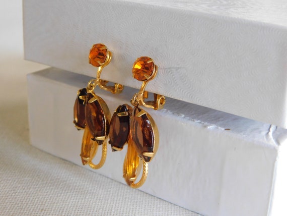 Gold Dangle Drop Orange Brown Rhinestone Clip On … - image 6