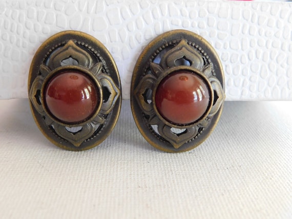 Open Work Large Oval Orange Red Cab Clip On Ginni… - image 1