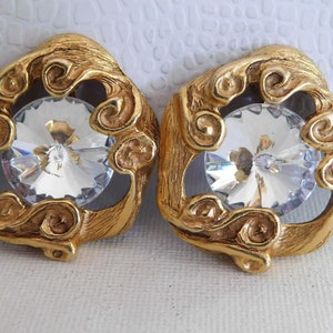 Gold Large Round Swirl Design Clear Rhinestone Clip On Statement Earrings