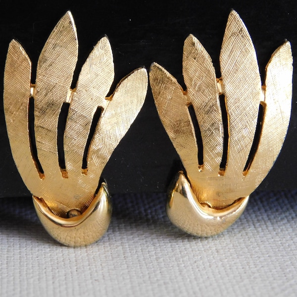 Gold Tone Polcini Shiny Brushed Tall Ear Climber Clip On Earrings Signed