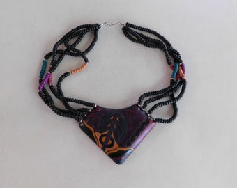 Black Purple Blue Green Multicolor Carved Wood Pendant Beaded Statement Necklace