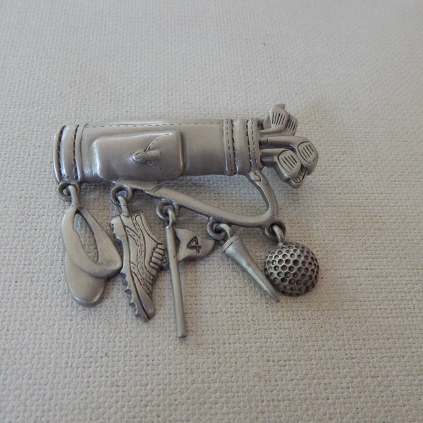 Vintage Golf Bag Brooch Golfer Gift Golfing Dangle Brooch  Signed JJ