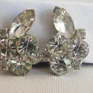 Silver Clear Rhinestone Earrings Tall Shiny Clip On Earring