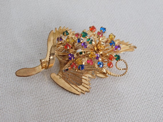 Gold Open Work Multicolor Rhinestone Leaf Brooch - image 1