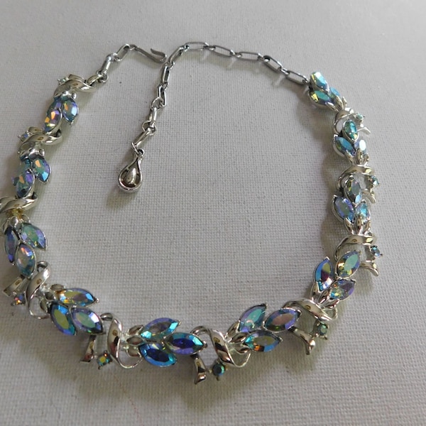 Vintage Coro Necklace Silver Blue AB Rhinestone Aurora Borealis Round Choker Necklace Signed